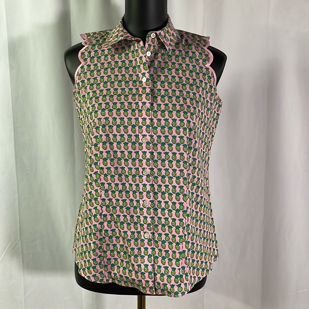 NWT Talbots Pink Pineapple Print Scalloped Sleeveless Button Front Blouse
